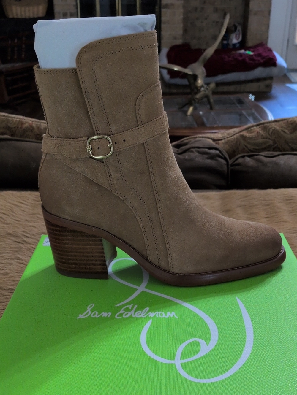 Sam Edelman Tan Suede Mid-Heel Ankle Boot with Buckle Strap